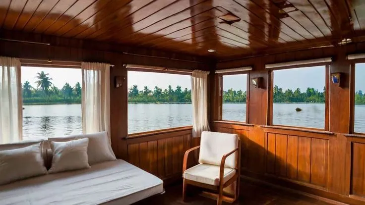 A houseboat crossing the open water of Vembanad Lake near Alleppey