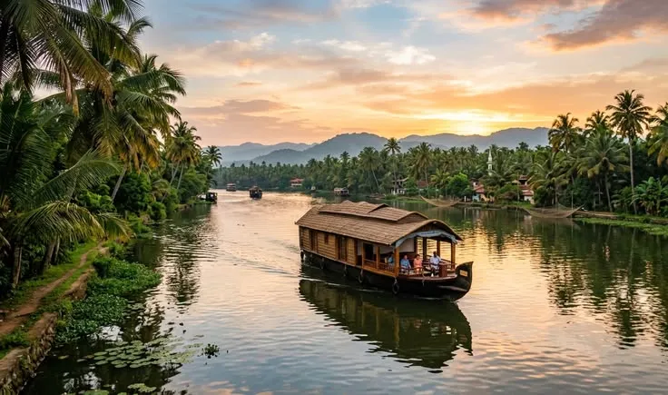 A thatched kettuvallam houseboat on the Alleppey backwaters