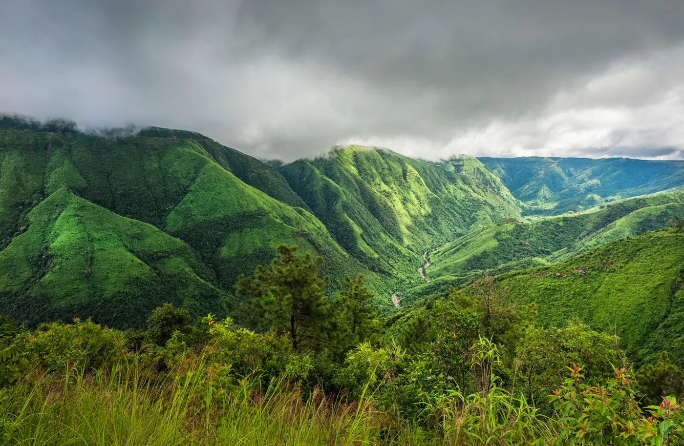 Narrow hill road running through pine and Khasi villages southeast of Shillong