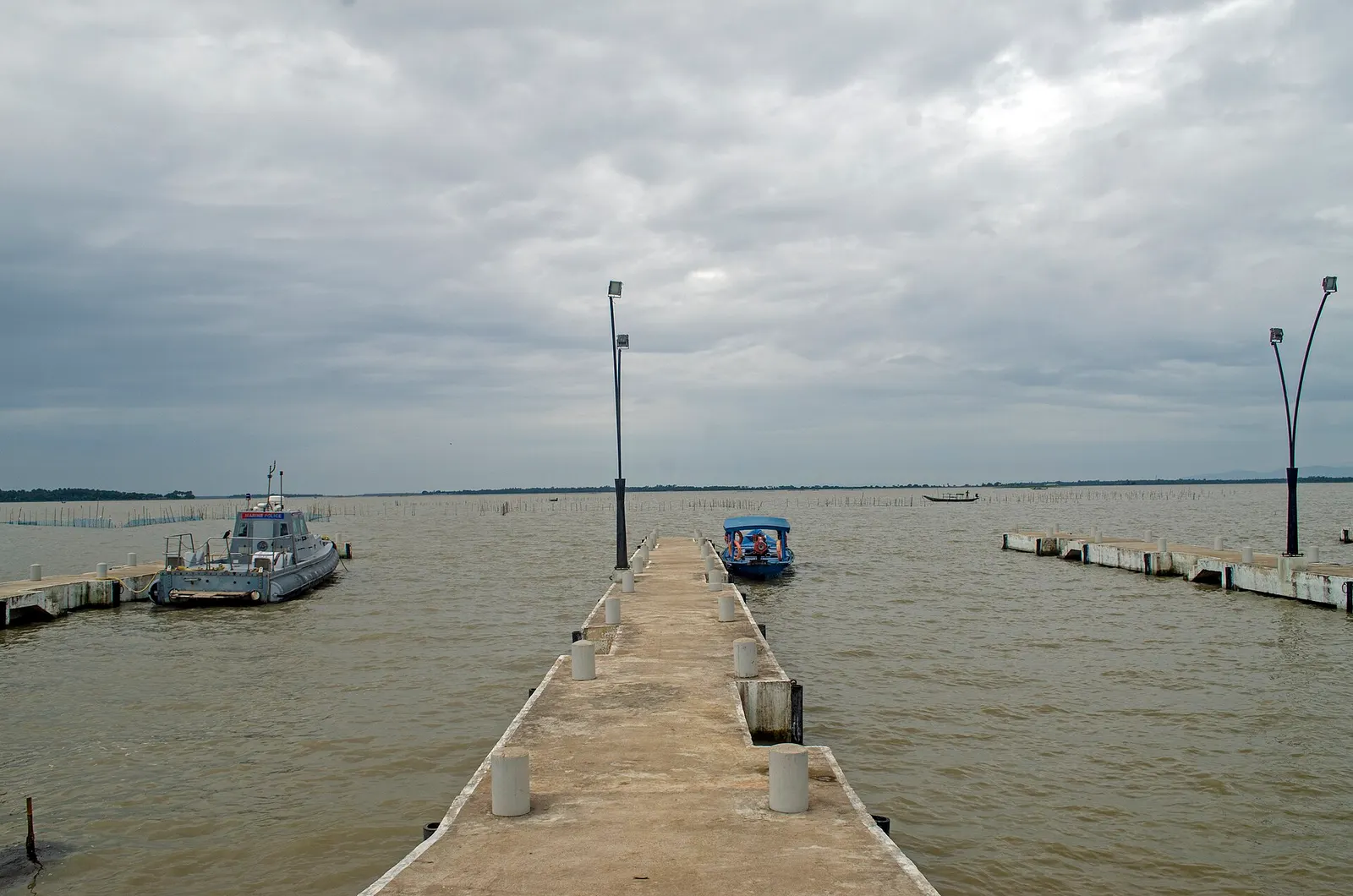 Tourist boats tied up at the Satapada jetty on Chilika lake