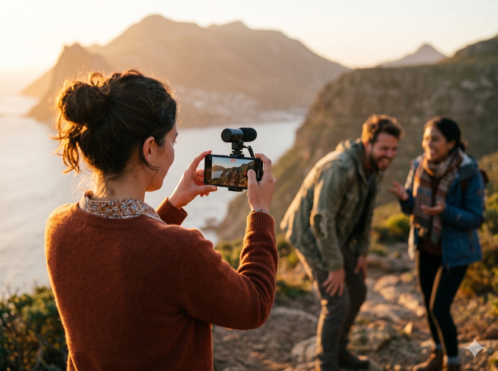A creator filming friends on a coastal trail at golden hour