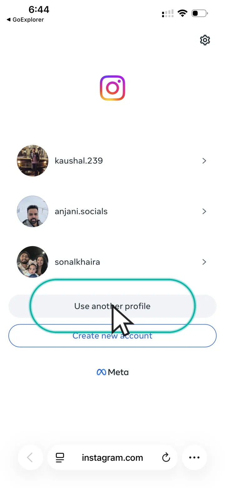 Instagram profile picker with Use another profile highlighted