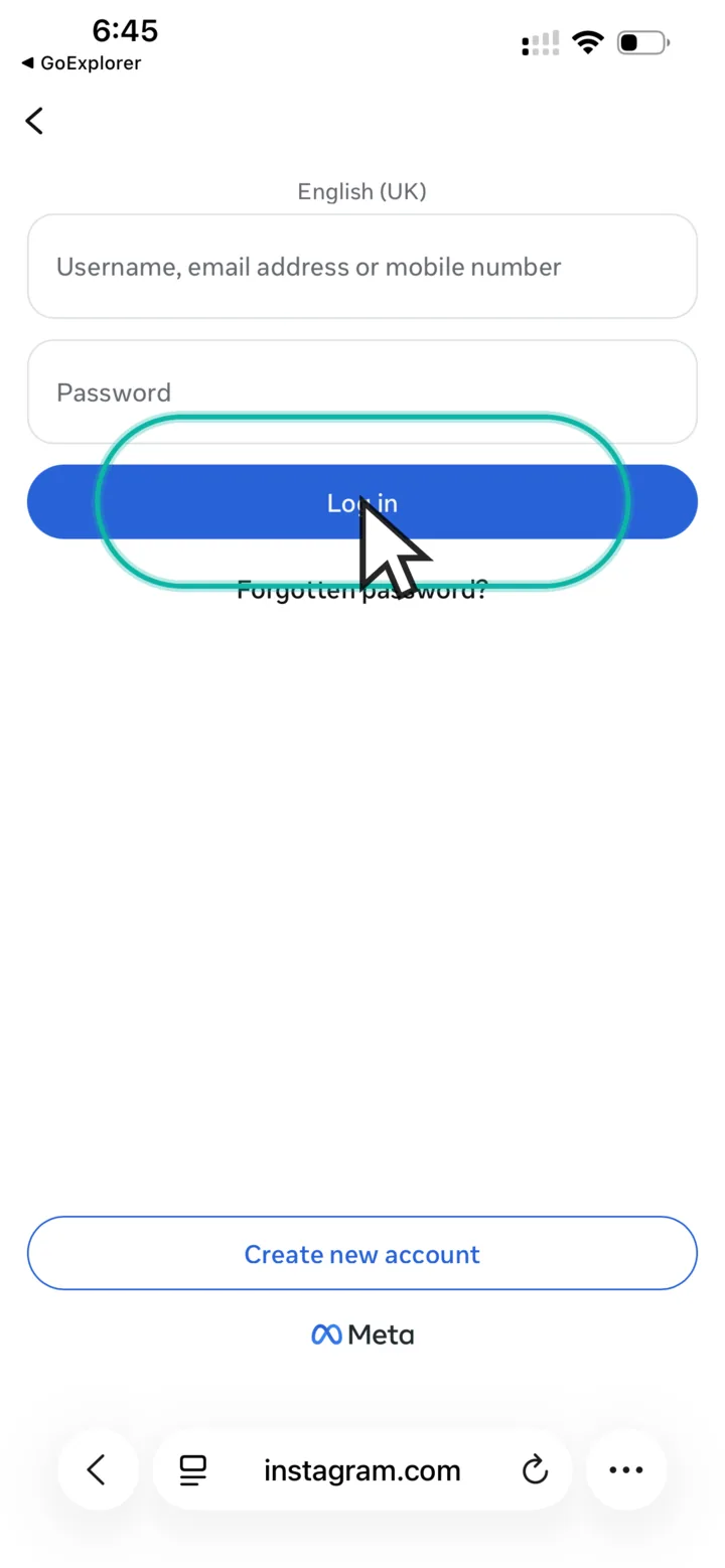 Instagram login screen with the Log in button highlighted