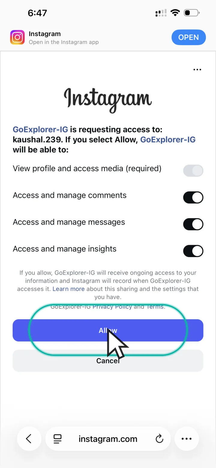 Instagram permissions screen with all toggles on and the Allow button highlighted