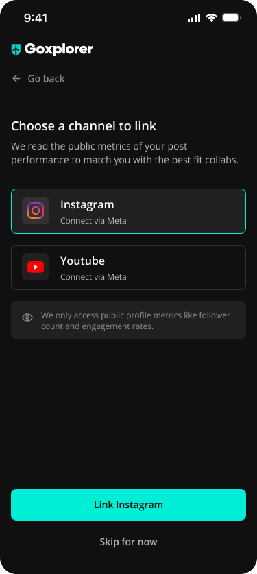 GoExplorer screen to link Instagram or YouTube, noting that only public profile metrics are accessed